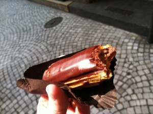 The remaining half of the best chocolate eclair in Paris. It was very dense and cold, and very deeply chocolaty. 